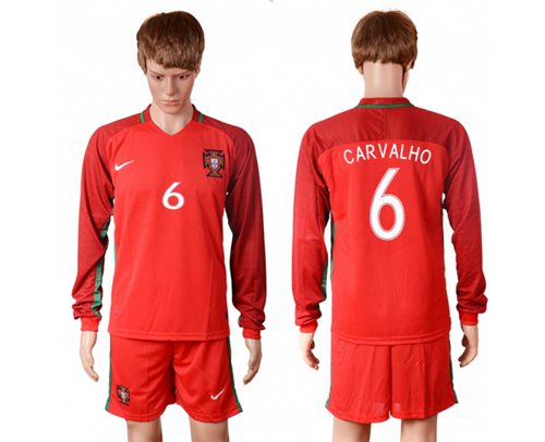 Portugal #6 Carvalho Home Long Sleeves Soccer Country Jersey